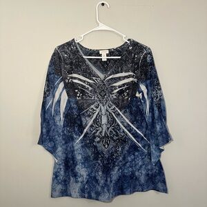 Chicos Tie Dye Blue Patterned Women's Top size Large whimsygoth